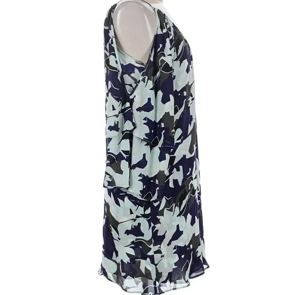 Parker Navy and Light Blue 100% silk Floral Cold-Shoulder Midi Dress - Picture 4 of 8